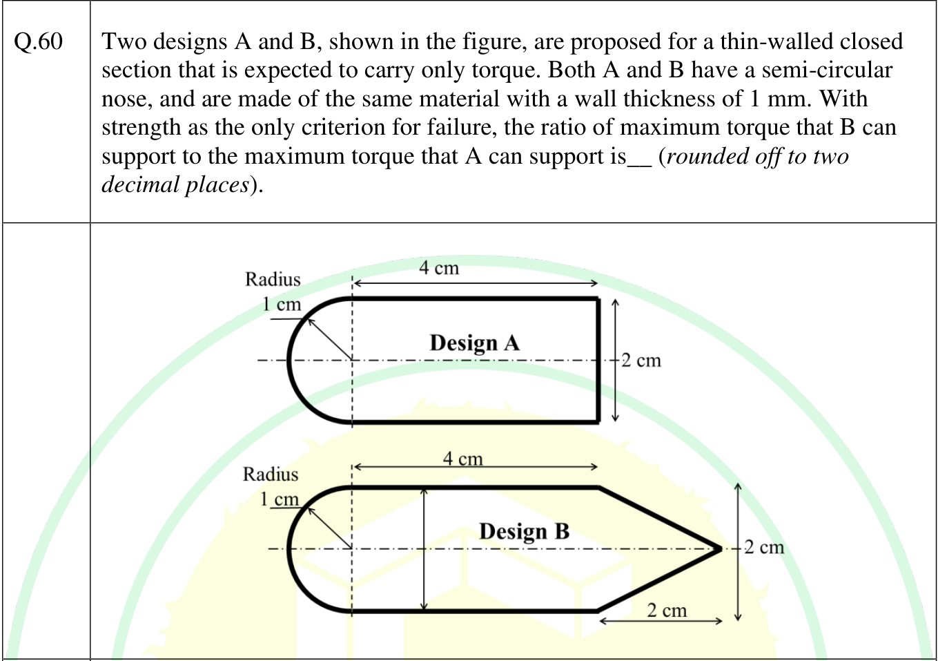 Design A is a closed section made of a semicircle of radius 1 cm followed by a rectangle that is 4 cm long (from the centre of the semicircle) and 2 cm high. Design B has the same semicircle and the same 2 cm height, runs straight for 4 cm from the centre of the semicircle, and then tapers to a point over a further 2 cm.