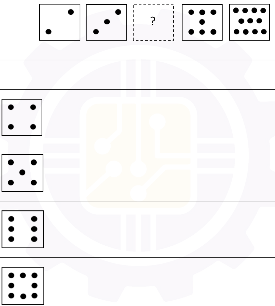 five tiles in a row with dots. The first has 2 dots, the second has 3 dots, the third is missing, the fourth has 7 dots and the fifth has 11 dots. Below it are four options A to D showing tiles with 4 dots in the corners, 5 dots (four corners and the centre), 6 dots in two columns and 8 dots in a ring.