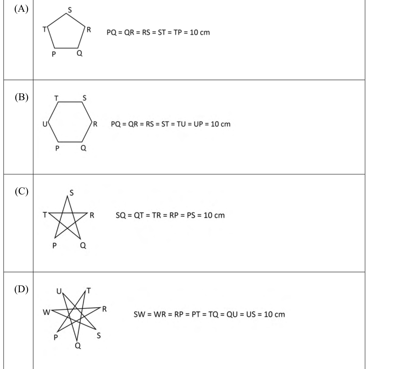 Four labelled path choices: regular pentagon, regular hexagon, five-pointed star and seven-pointed star, each with 10 cm walking segments. See the attached source image.