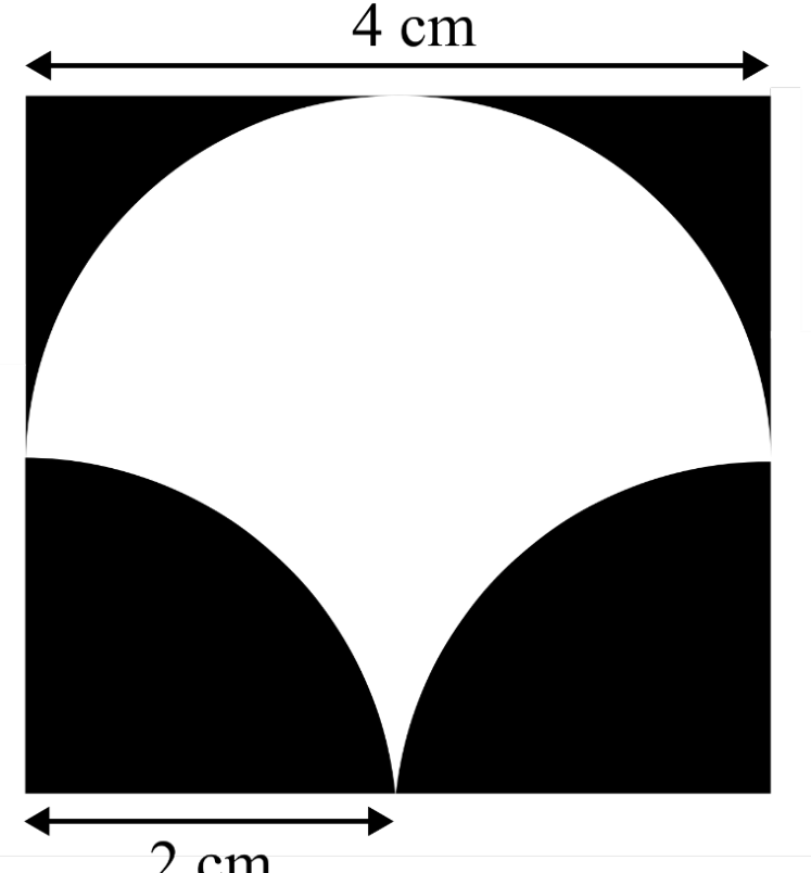 a 4 cm square. The shaded (white) region is bounded above by a semicircle of radius 2 cm centred at the middle of the square. At the bottom, two quarter-circle arcs of radius 2 cm centred at the two bottom corners cut off the black corner parts, and the arcs meet at the middle of the bottom edge.