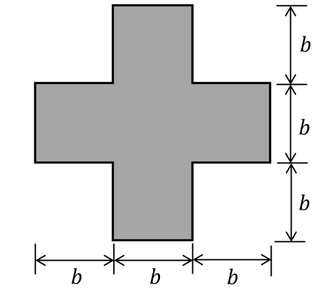 a plus-shaped (cross) section. The vertical bar is $b$ wide and $3b$ tall, and the horizontal bar is $3b$ wide and $b$ tall, crossing at the centre.