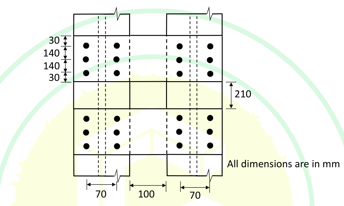Two I-sections side by side, 70 mm wide each with a 100 mm gap between them, joined by batten plates. Each connection has 6 bolts in two columns 70 mm apart and three rows 140 mm apart, with 30 mm edge distances at the top and bottom of the plate, which is 340 mm tall. The clear gap between the two battens is 210 mm. All dimensions are in mm.