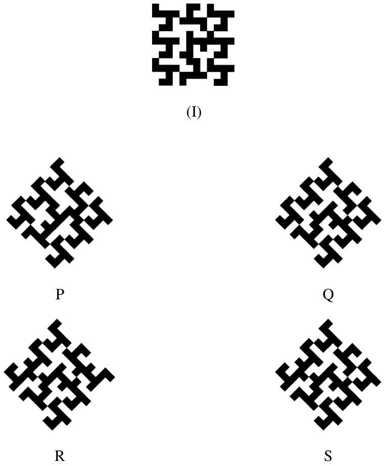 A square block pattern (I), and four candidate patterns P, Q, R and S, each shown rotated to stand on a corner.