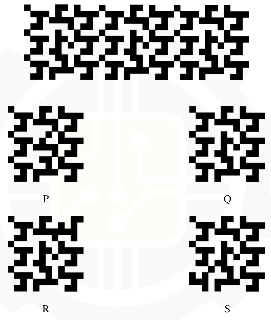 A wide black-and-white maze-like pattern made of three identical square tiles side by side, followed by four candidate square tiles labelled P, Q, R and S.