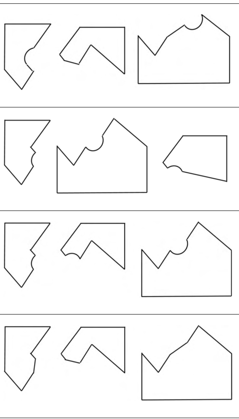 four options A to D, each a set of three polygon pieces. Some pieces have a round bite cut out of an edge.