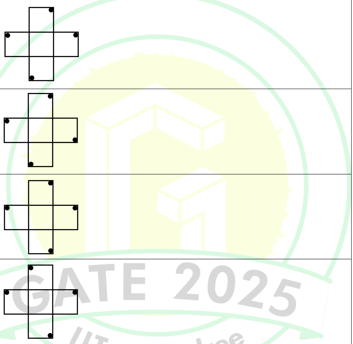 four options A to D, each a cross made of five squares, with a black dot at one corner of the outer end of each of the four arms.