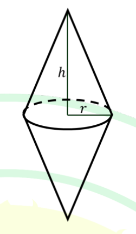 two cones joined base to base, forming a double cone with the common base radius $r$ and the height $h$ of each cone marked.
