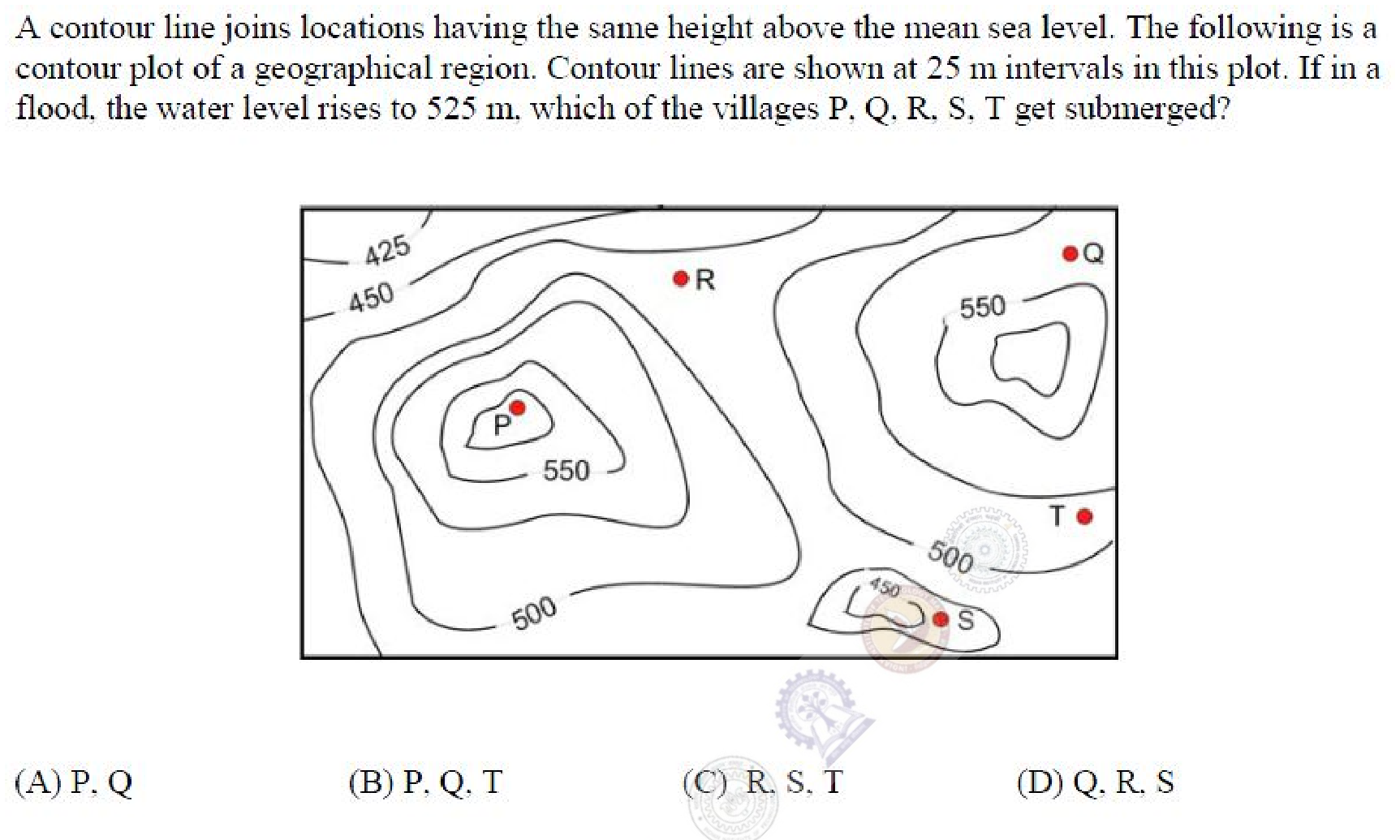 A contour map with labelled lines at 425, 450, 500 and 550 m. Village P is on a hilltop inside the 550 m contour. Village Q is in the top right corner. Village R is above the central hill. Village S is inside a small low area marked 450 and 500 m. Village T is near the 500 m line on the right.