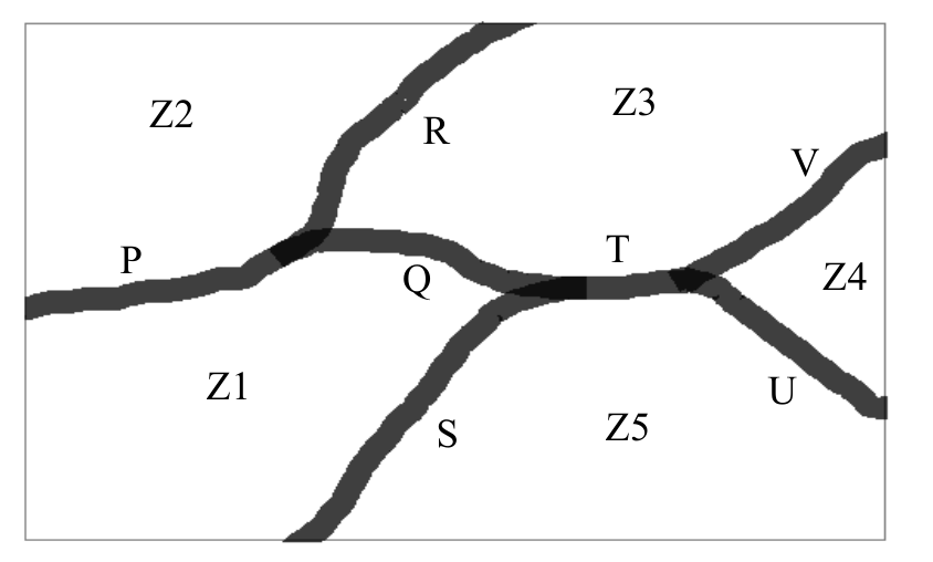 river segments with adjacent zones: P separates Z1|Z2, R separates Z2|Z3, Q separates Z1|Z3, S separates Z1|Z5, T separates Z3|Z5, V separates Z3|Z4, U separates Z4|Z5.