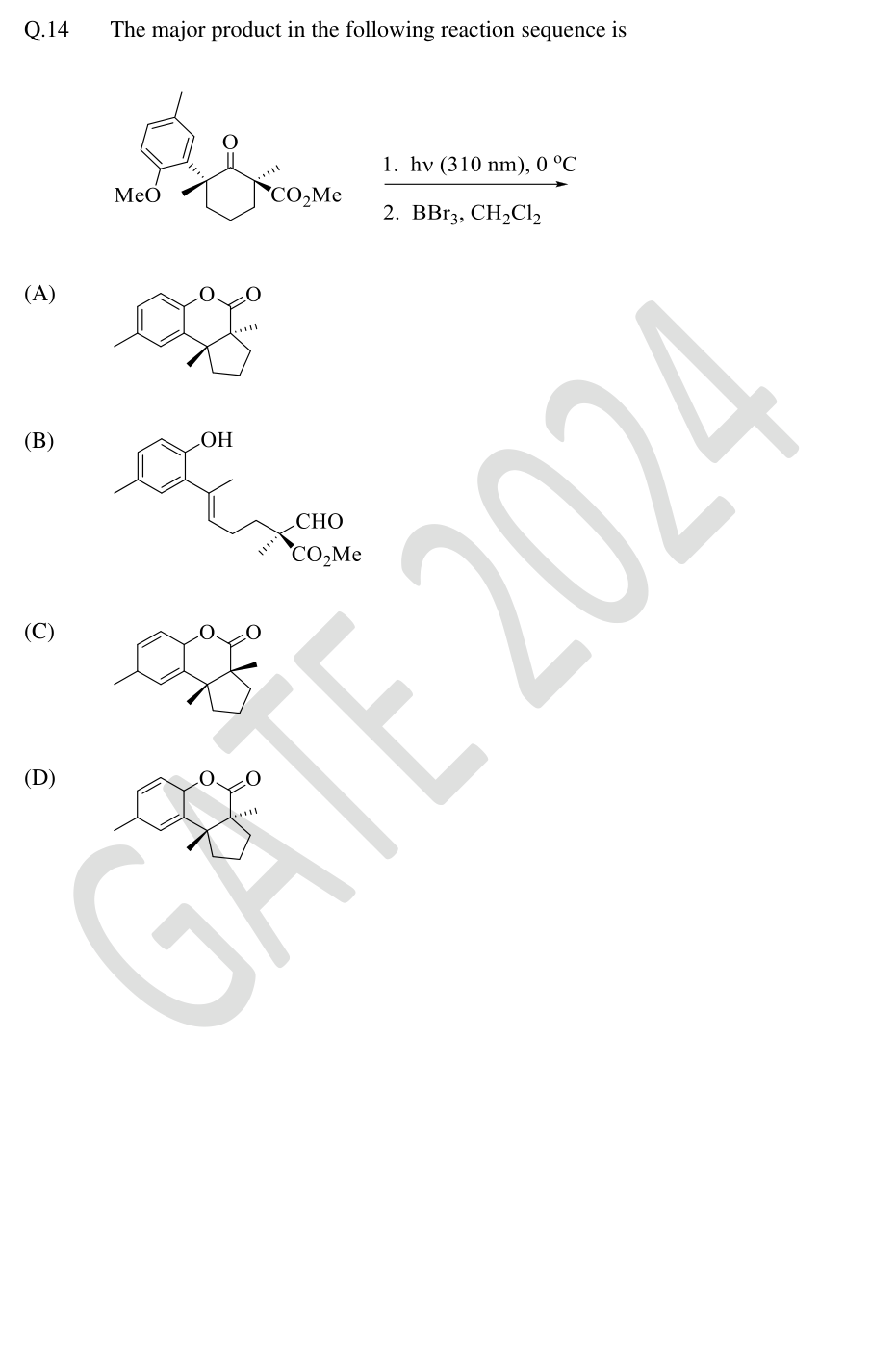 Photochemical rearrangement of an aryl cyclohexanone followed by boron tribromide; four product structures.