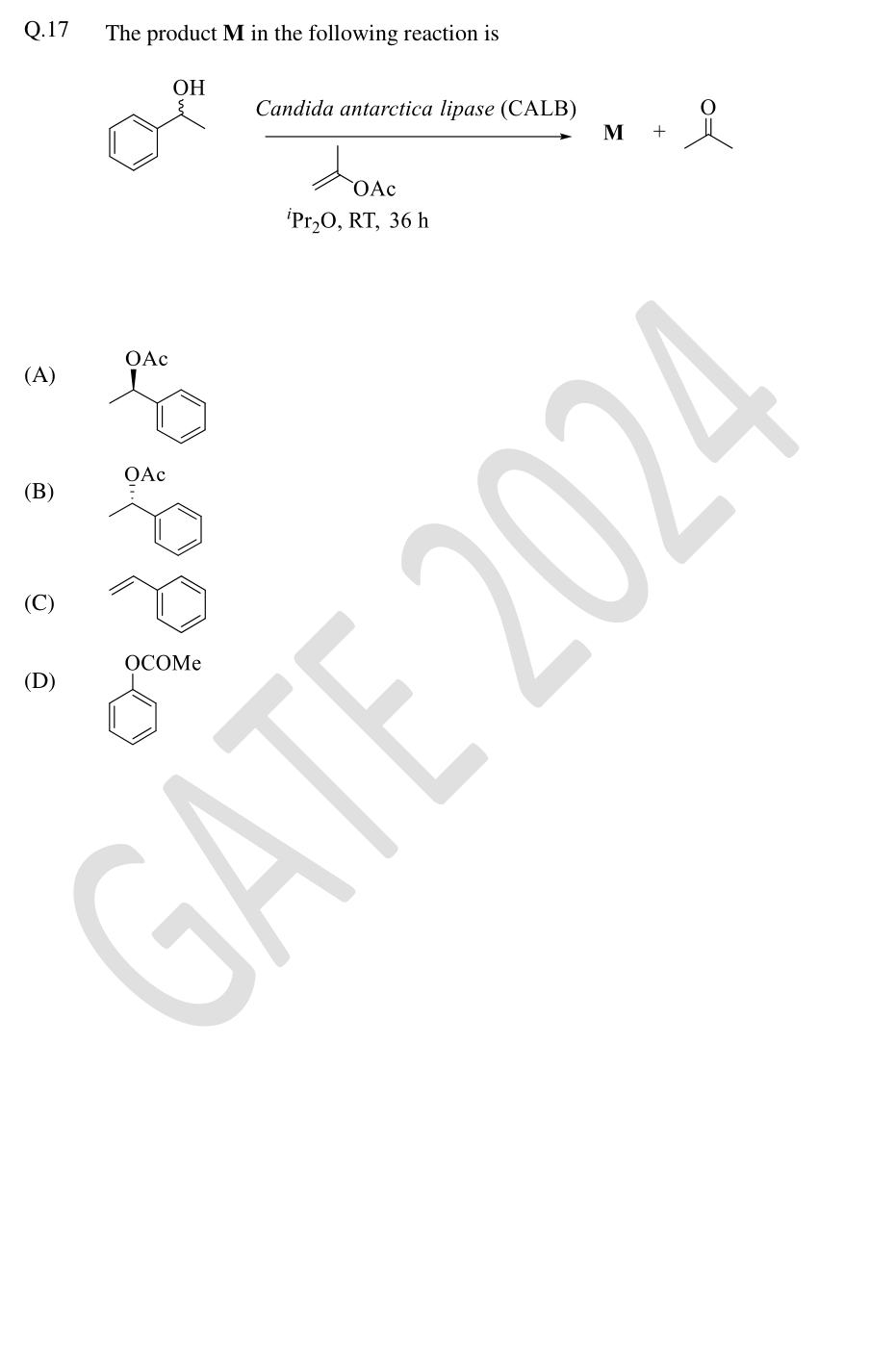 Lipase-catalyzed acetylation of 1-phenylethanol with isopropenyl acetate and four product structures.