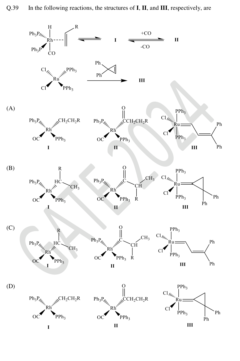 Rhodium hydride insertion and carbonylation and ruthenium carbene reaction, with candidate structures I–III.