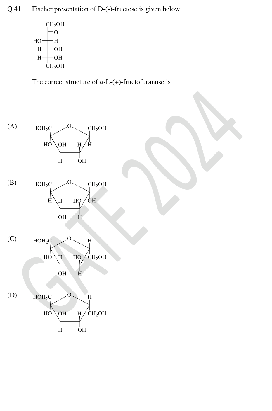 Fischer projection of D-fructose and four fructofuranose structures.