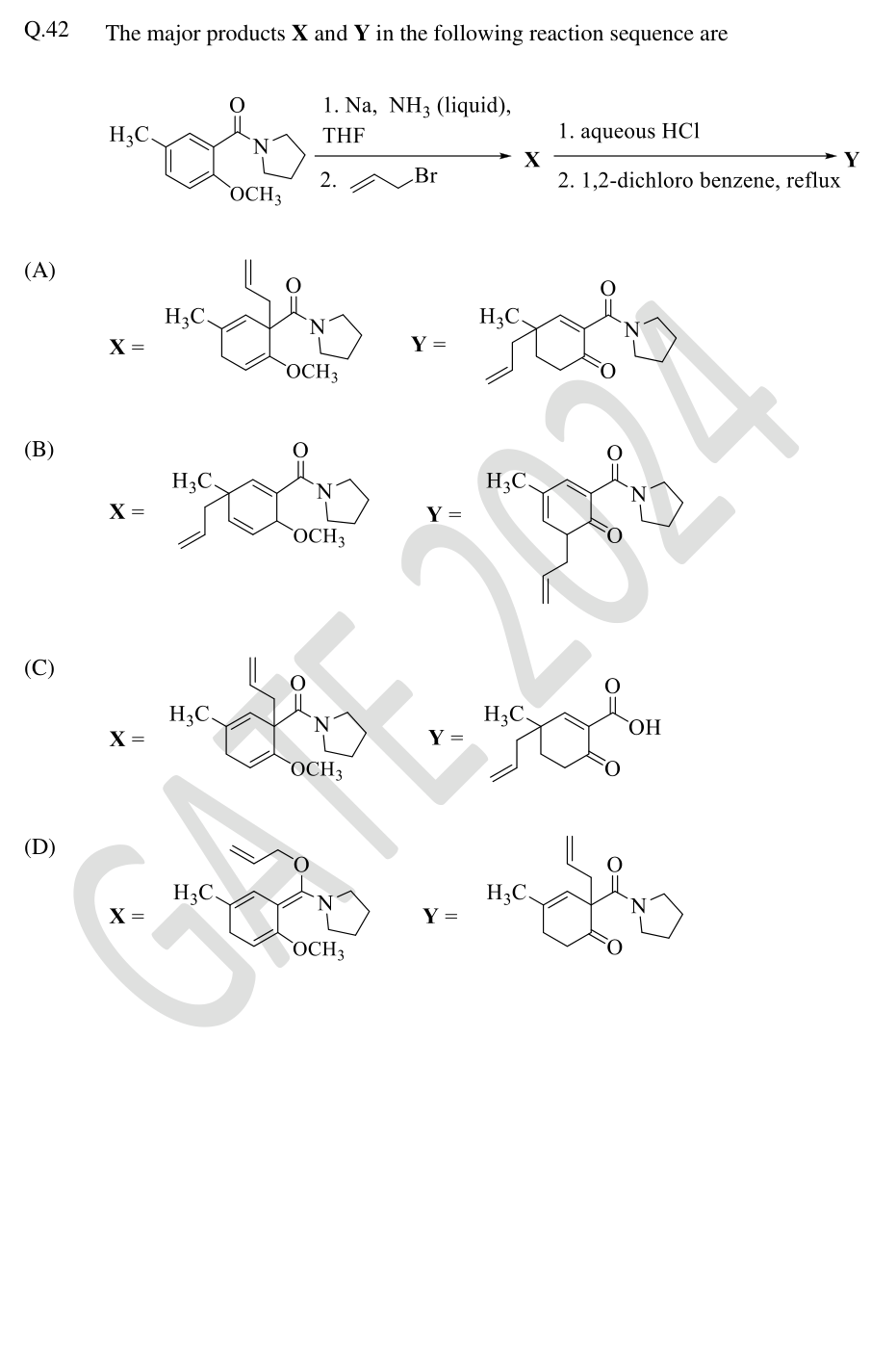 Birch reduction and allylation followed by acidic hydrolysis and heating, with candidate X and Y structures.
