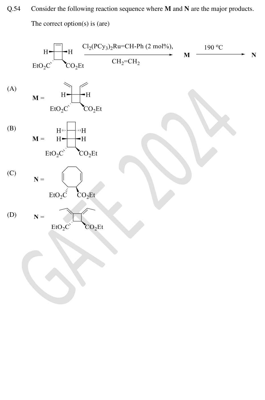 Ruthenium-catalyzed ring-opening metathesis and thermal rearrangement, with four candidate structures.