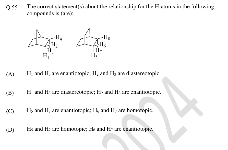 Stereochemical hydrogen labels H1–H8 on two bicyclic compounds.