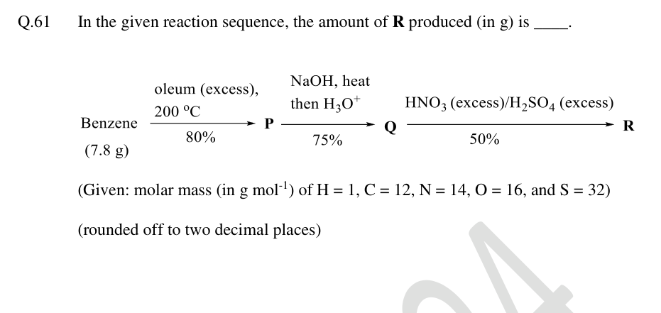 Benzene (7.8 g) undergoes sulfonation, alkaline fusion and nitration, in 80%, 75% and 50% yields.