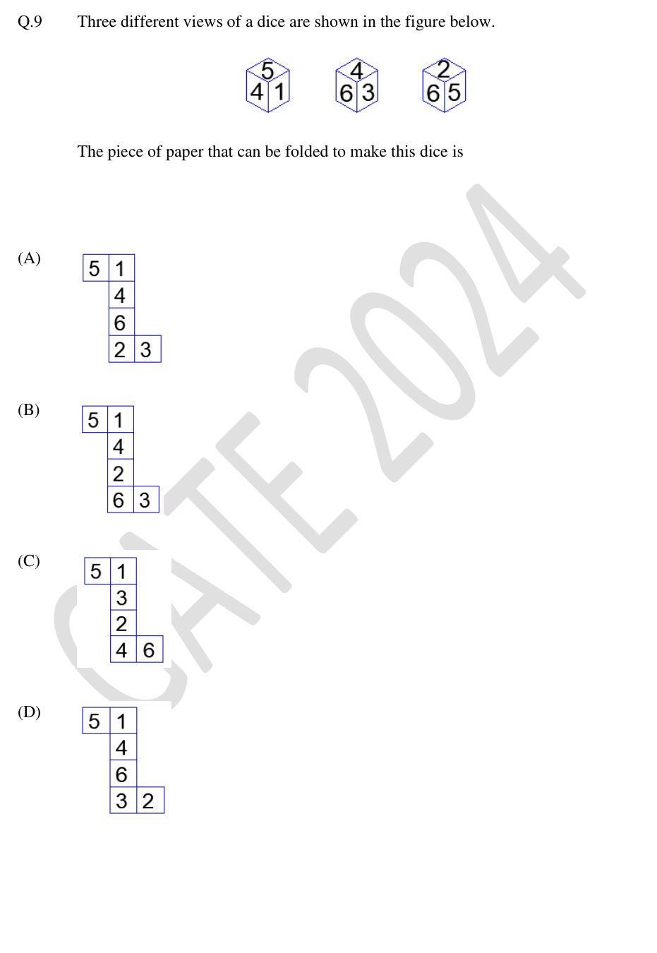 Three views of a die and four candidate nets.