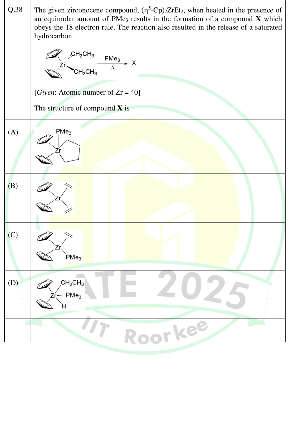 Diethylzirconocene treated with trimethylphosphine and four possible products.