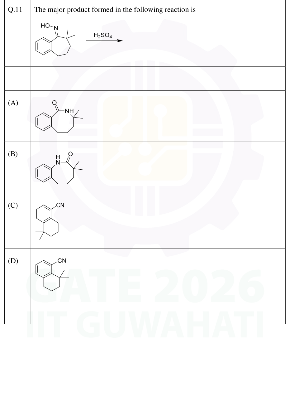 Oxime of a gem-dimethyl benzocycloheptanone treated with sulfuric acid; four possible products.