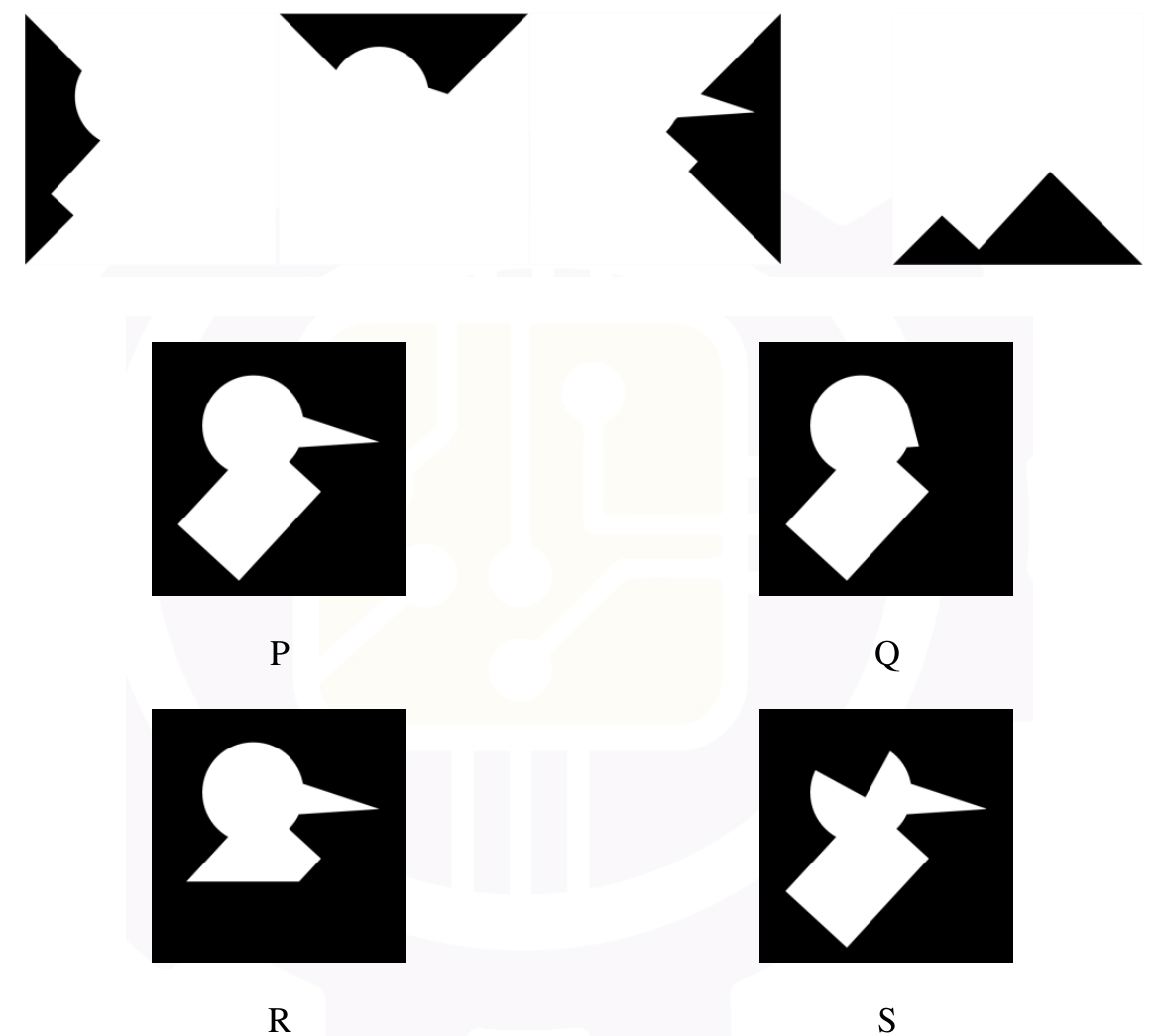Four black puzzle pieces. The first is a tall piece with a rounded bump and notches on its right side, the second is a wide trapezoid with a round bite out of its lower edge, the third is an arrow-like piece with a small wedge cut out of its left side, and the fourth is a small piece with two peaks.] Which one of the figures labelled as P, Q, R, and S can be constructed by using each of the four pieces only once without overlaps? [Figure: Four black squares P, Q, R and S, each with a white shape cut out of it: in P a round head with a long beak and a diamond-shaped body, in Q the head and body without the beak, in R the head and beak with a flat-bottomed body, and in S a tilted head with a beak and a diamond body.