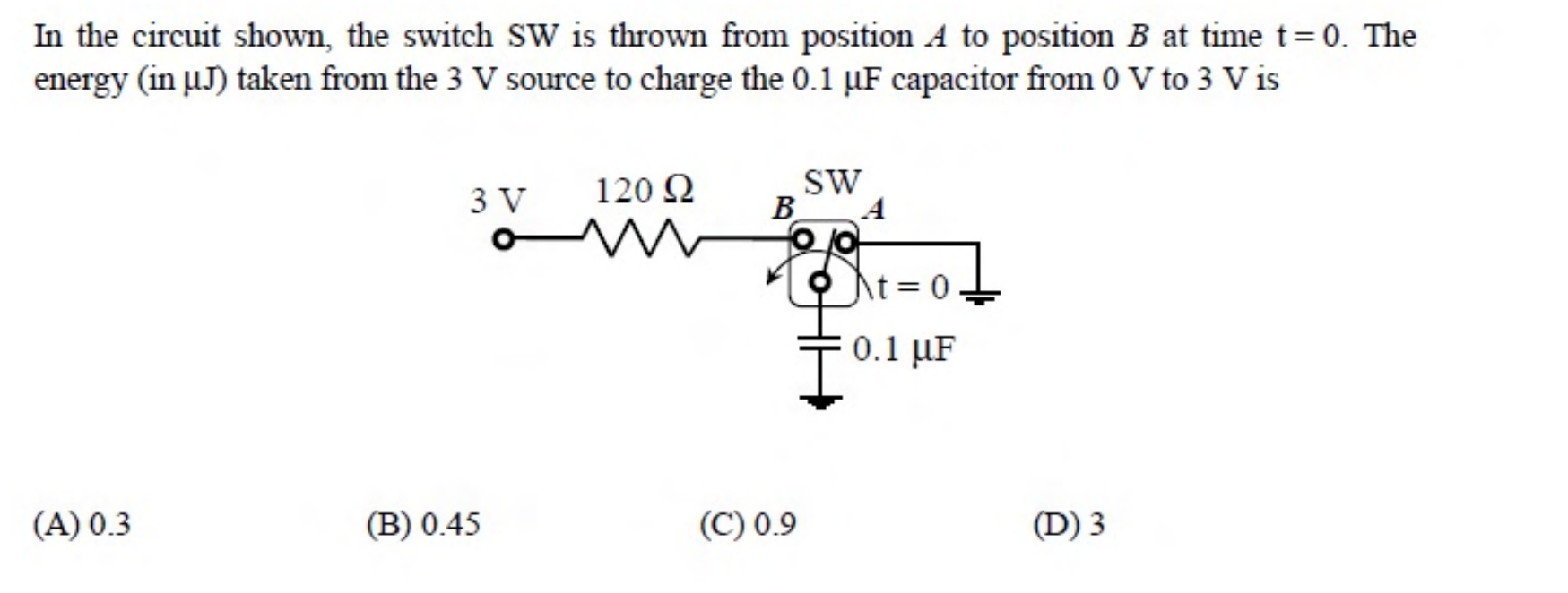 A 3 V source in series with a $120\ \Omega$ resistor and a switch SW that connects the 0.1 μF capacitor to the source when in position B.