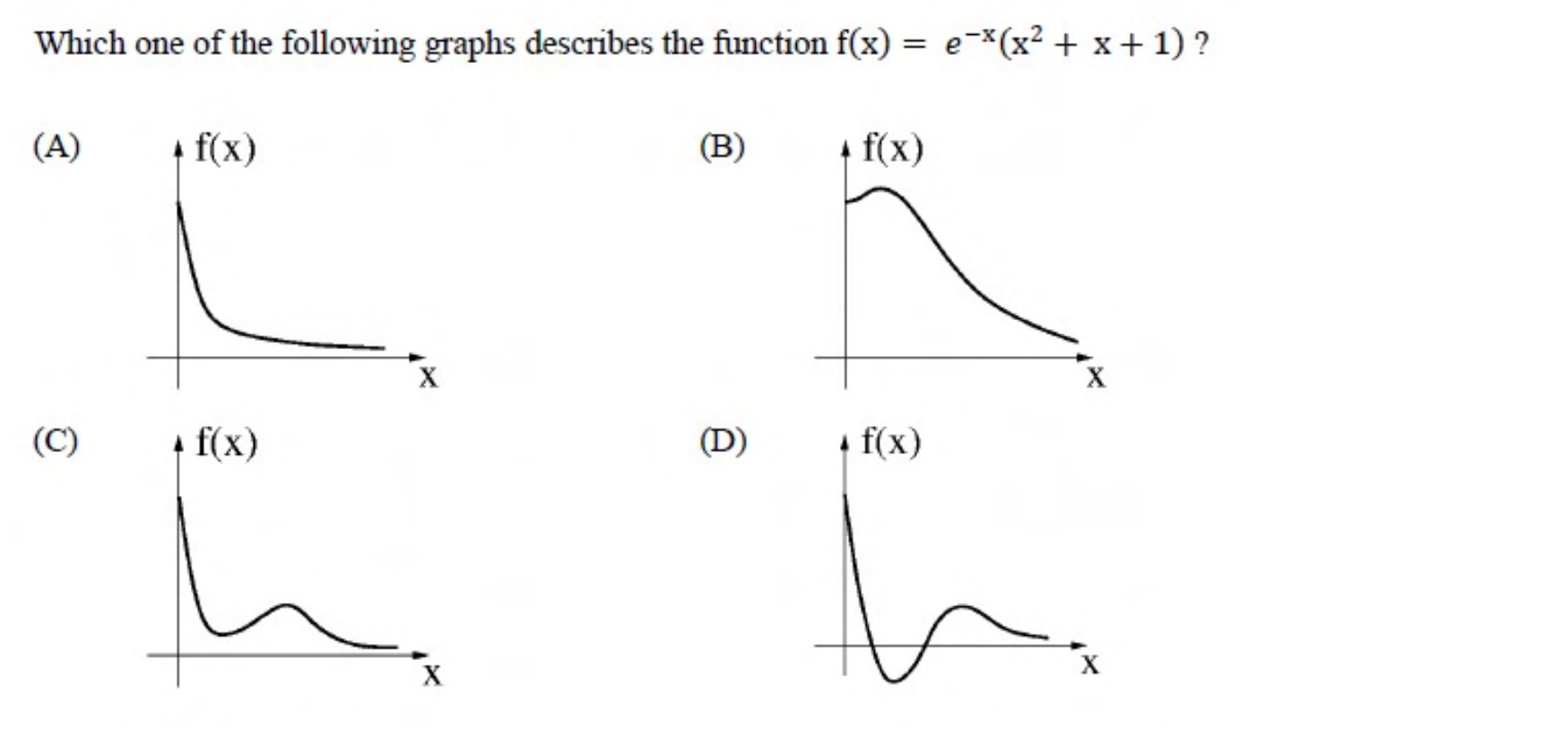 Four graphs of $f(x)$ against $x$. (A) falls steeply and then flattens. (B) rises slightly, peaks, and then decays smoothly. (C) falls to a minimum, rises to a small bump, then falls. (D) falls below zero and then oscillates.