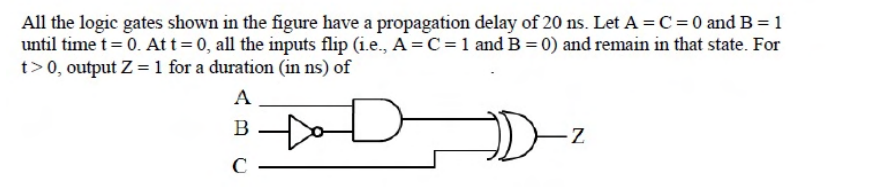 $B$ passes through a NOT gate and then, with $A$, into an AND gate. The AND output and $C$ feed an exclusive-OR gate whose output is $Z$.