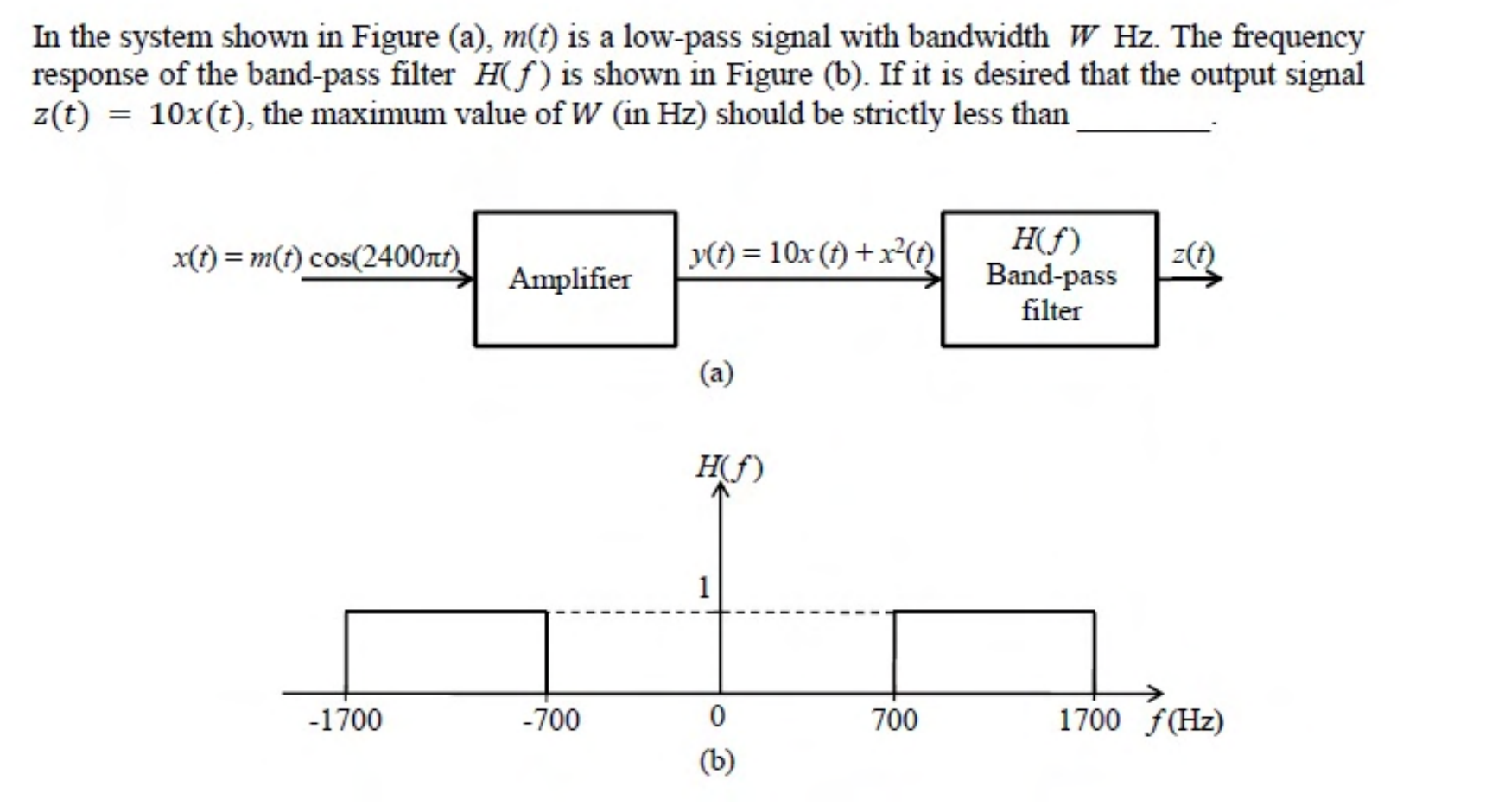 (a) $x(t) = m(t)\cos(2400\pi t)$ goes through an amplifier giving $y(t) = 10x(t) + x^2(t)$, then through a band-pass filter $H(f)$ to give $z(t)$. (b) $H(f)$ equals 1 for $700 < |f| < 1700$ Hz and is 0 elsewhere.
