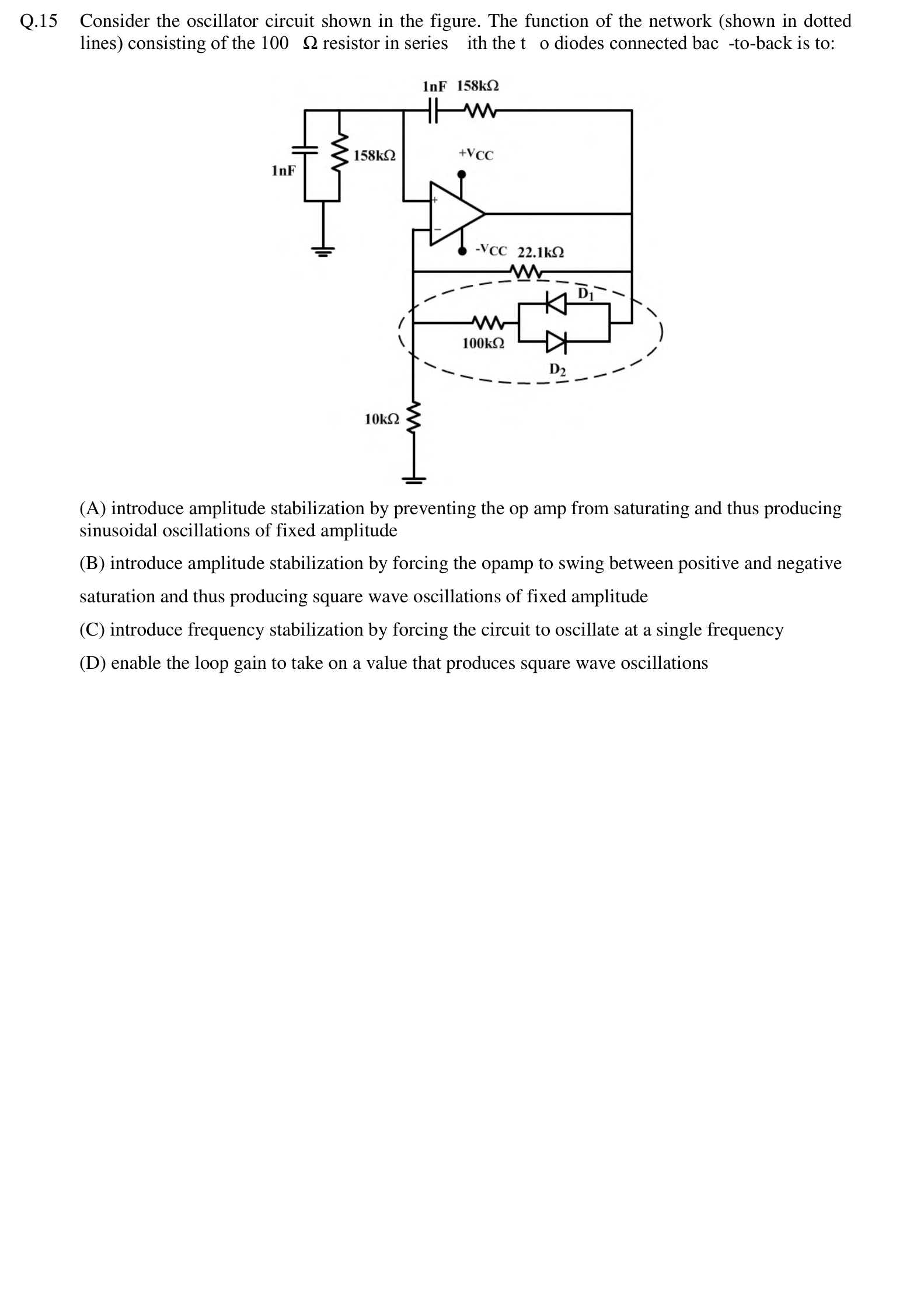 A Wien bridge oscillator built around an op-amp, with a 1 nF capacitor and 158 kΩ resistor in the positive feedback network. The negative feedback network has a 10 kΩ resistor to ground and a 22.1 kΩ feedback resistor, in parallel with a 100 kΩ resistor in series with two diodes D1 and D2 connected back-to-back.