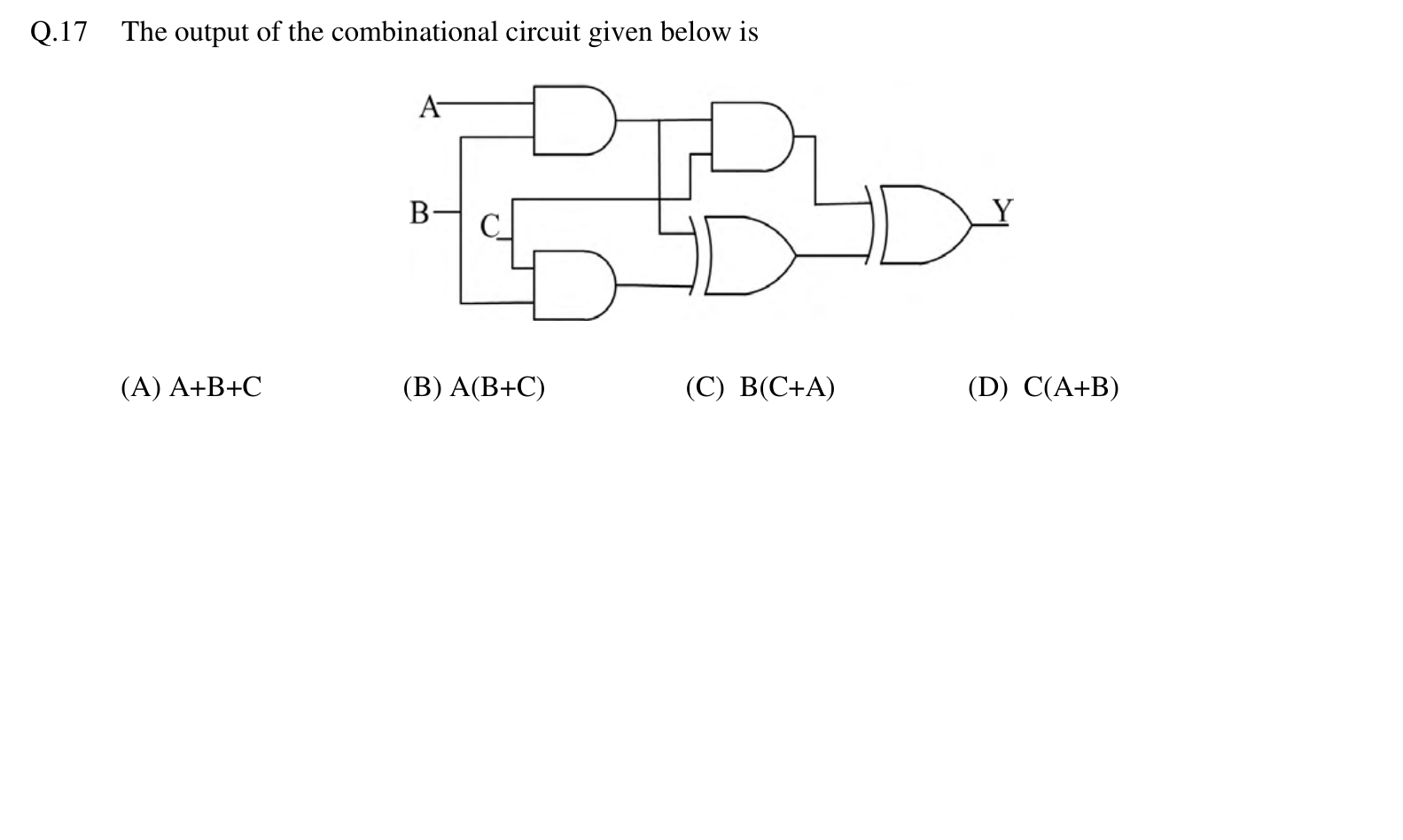 Two inputs go into a gate G1, an AND gate with inputs $A$ and $B$. A second AND gate G2 has inputs $B$ and $C$. A third AND gate G3 has inputs G1 and $C$. An exclusive-OR gate X1 takes G1 and G2. The output $Y$ is a second exclusive-OR gate with inputs G3 and X1.