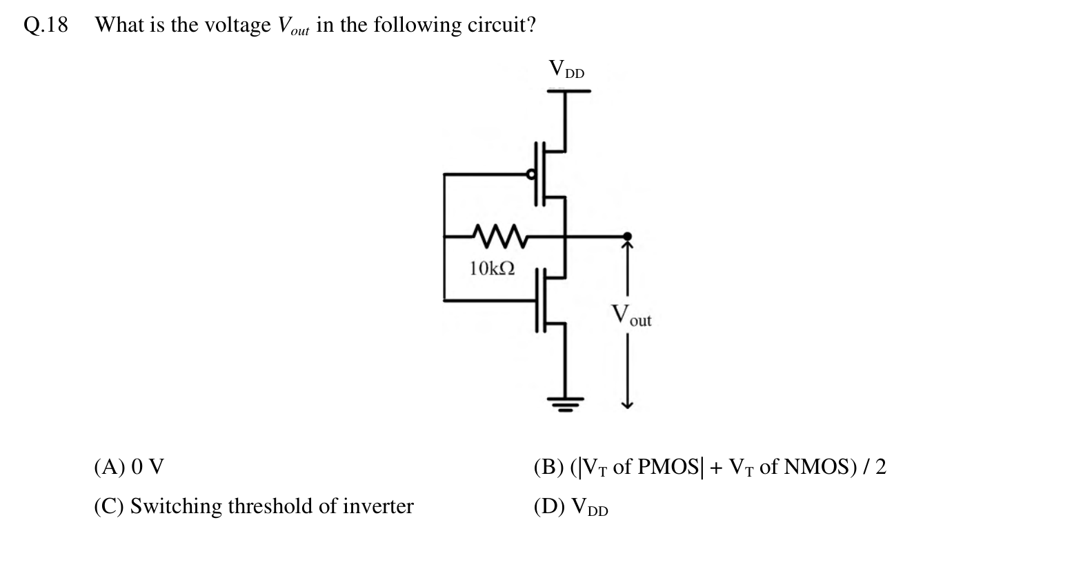 A CMOS inverter made of a PMOS transistor from $V_{DD}$ and an NMOS transistor to ground, with the common gate input connected to the output $V_{out}$ through a 10 kΩ resistor.