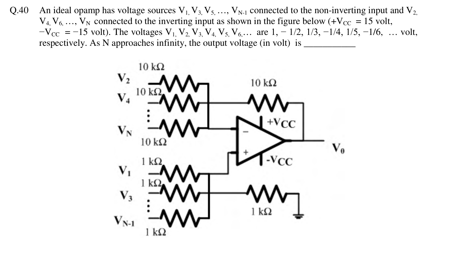 The odd-numbered sources connect through $1\ \text{k}\Omega$ resistors to the non-inverting input, which also has a $1\ \text{k}\Omega$ resistor to ground. The even-numbered sources connect through $10\ \text{k}\Omega$ resistors to the inverting input, which has a $10\ \text{k}\Omega$ feedback resistor from the output.