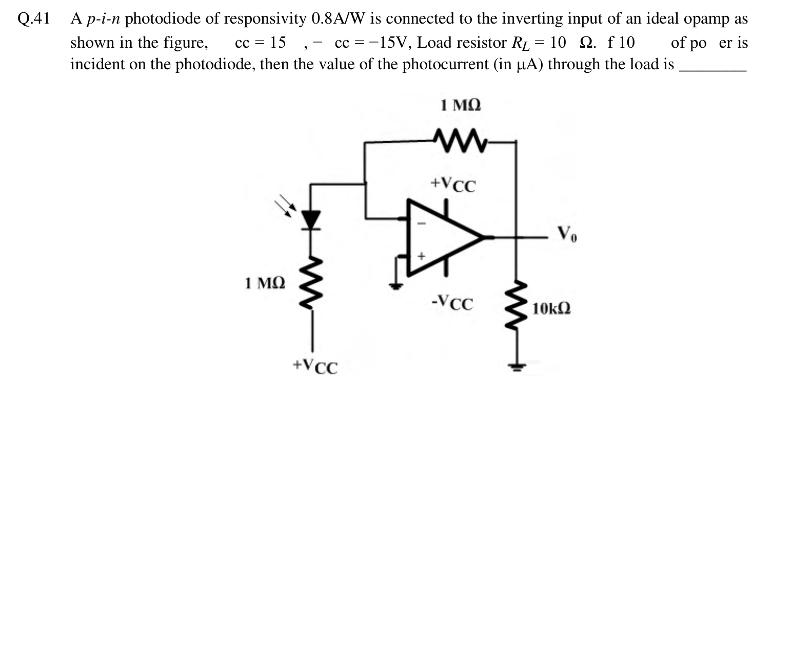 The photodiode, reverse-biased through a 1 MΩ resistor to $+V_{CC}$, feeds the inverting input of an ideal op-amp. A 1 MΩ feedback resistor connects the output $V_0$ to the inverting input, the non-inverting input is grounded, and the load $R_L = 10\ \text{k}\Omega$ connects the output to ground.