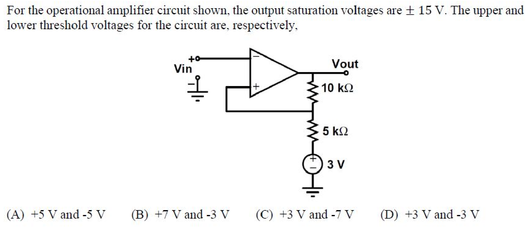 An op-amp with $V_{in}$ on the inverting side and a positive feedback network on the non-inverting input. The output $V_{out}$ goes through a $10\ \text{k}\Omega$ resistor to the non-inverting node, which is connected through a $5\ \text{k}\Omega$ resistor to a 3 V source.