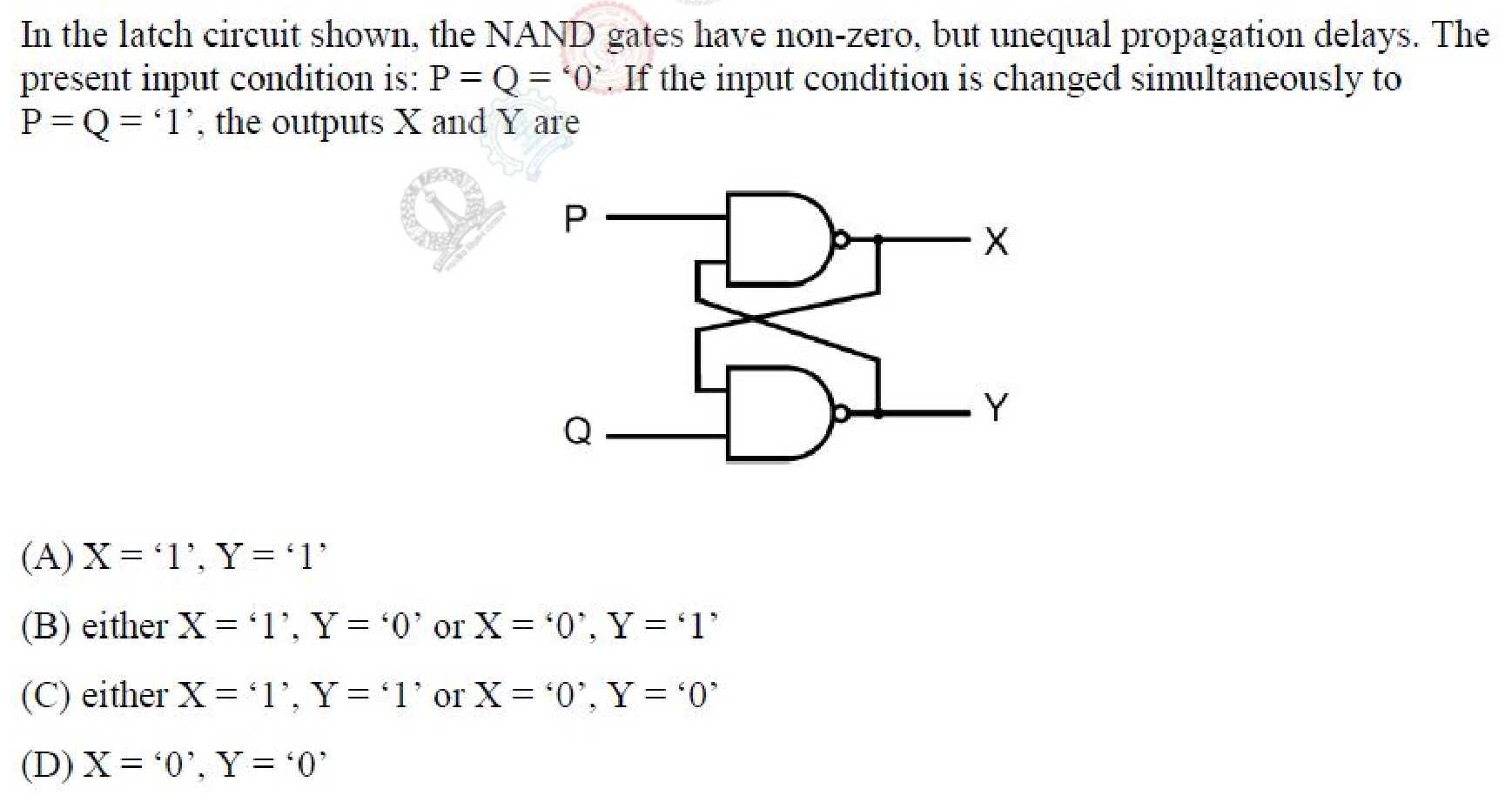 Two cross-coupled NAND gates. Input P drives the upper gate with output X, and input Q drives the lower gate with output Y. Each output is fed back to the other gate.