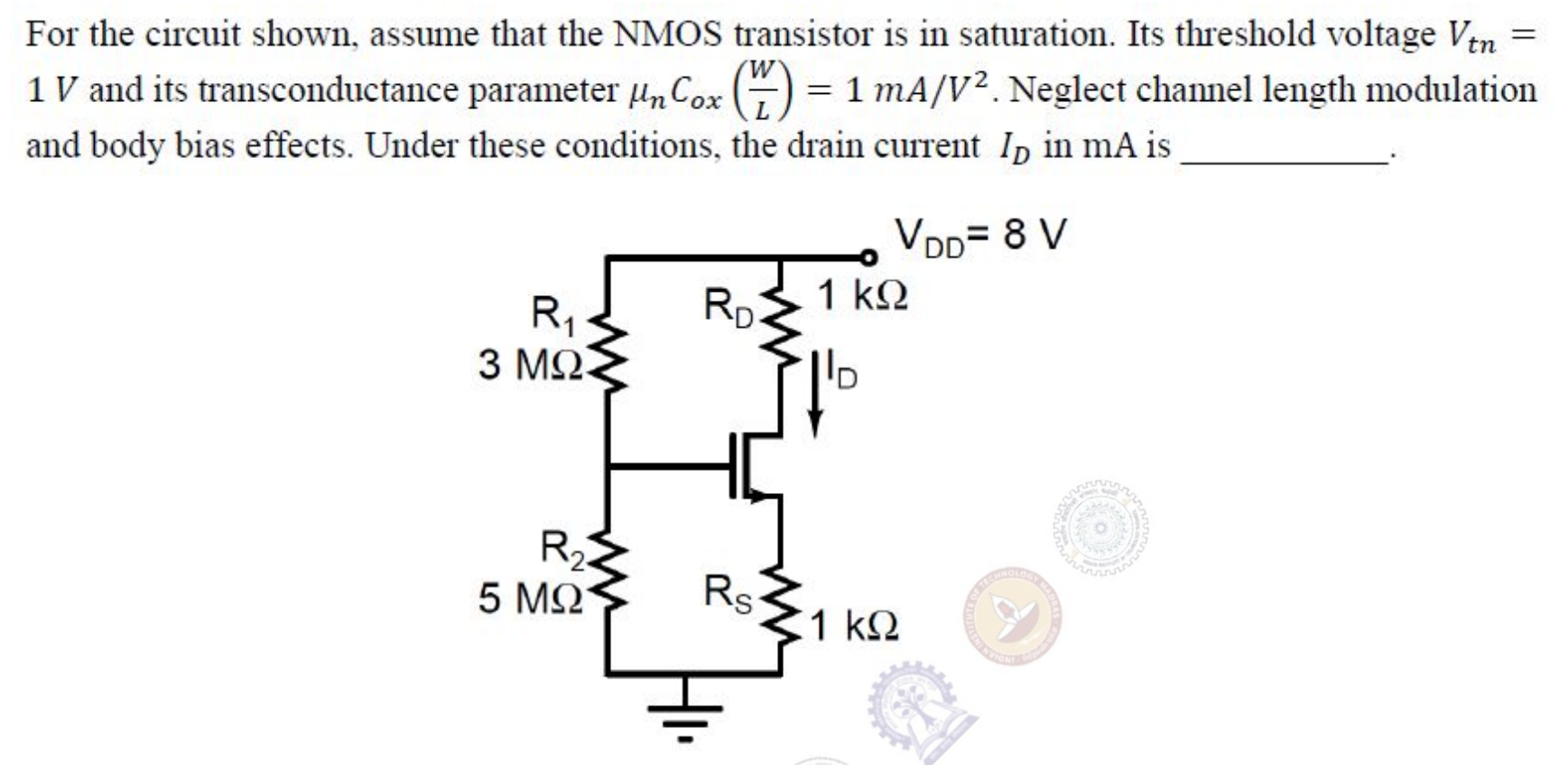 $V_{DD} = 8$ V feeds a $1\ \text{k}\Omega$ drain resistor $R_D$ and a gate divider of $R_1 = 3\ \text{M}\Omega$ (to $V_{DD}$) and $R_2 = 5\ \text{M}\Omega$ (to ground). The source has a $1\ \text{k}\Omega$ resistor $R_S$ to ground.