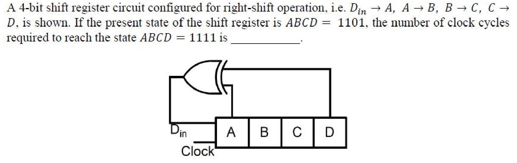 A 4-bit shift register with stages A, B, C and D. An exclusive-OR gate takes the outputs of A and D and feeds the result back to $D_{in}$.