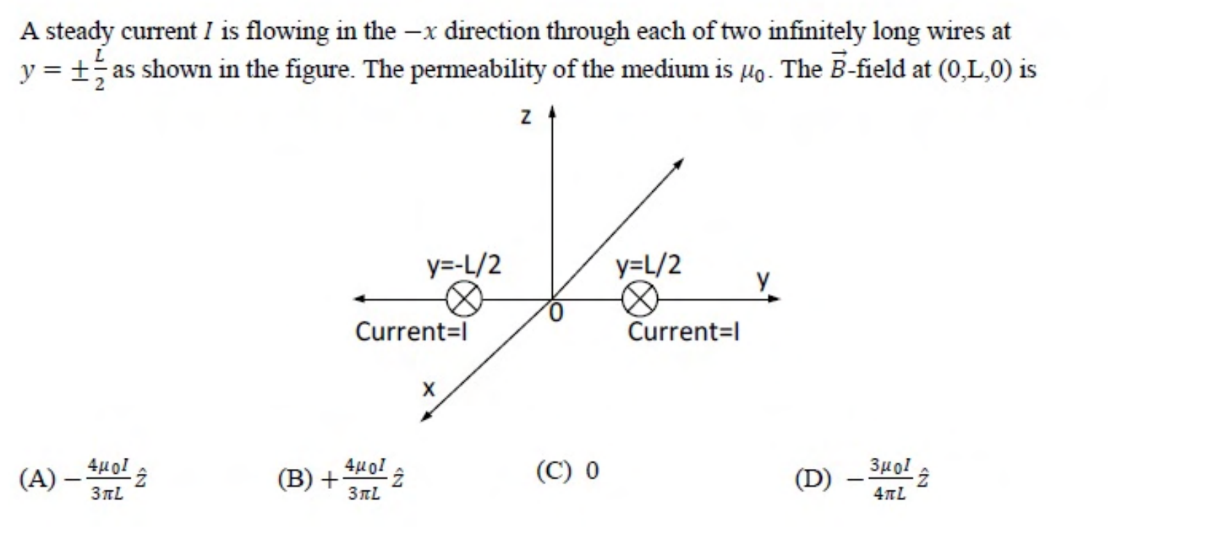 Two long wires lying along the $x$-axis direction, at $y = -L/2$ and $y = +L/2$, each carrying current $I$ in the $-x$ direction.