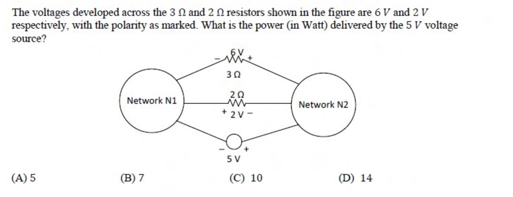 Networks N1 and N2 are connected by three parallel branches: a $3\ \Omega$ resistor with 6 V across it, a $2\ \Omega$ resistor with 2 V across it of the opposite polarity, and a 5 V voltage source.