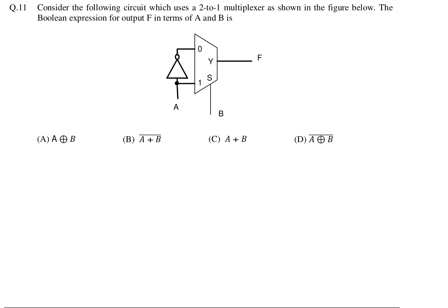 A 2-to-1 multiplexer with select input B. Data input 0 is connected to $\bar{A}$ (A passed through an inverter), and data input 1 is connected to A. The output is F.