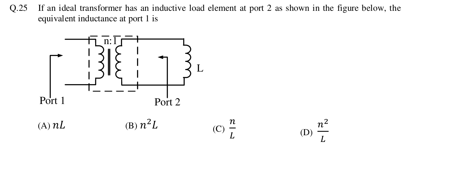 An ideal transformer with turns ratio $n : 1$ between port 1 and port 2, with an inductor $L$ connected across port 2.