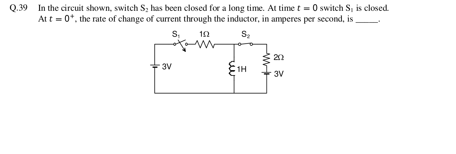 A 3 V source feeds switch $S_1$ and a 1 Ω resistor to a node. From that node, a 1 H inductor goes to ground. Switch $S_2$ connects the node to a 2 Ω resistor in series with a 3 V source, also to ground.