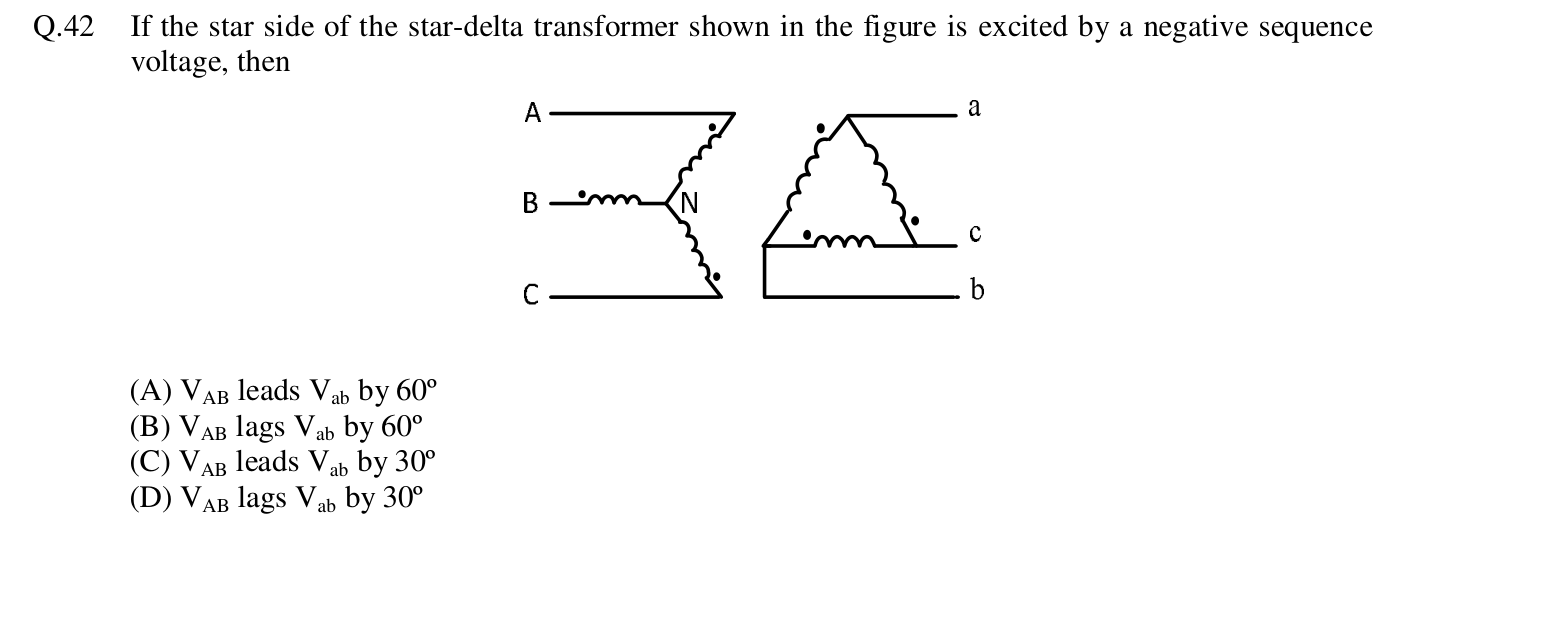 A star-delta transformer with star terminals A, B, C and neutral N on one side and delta terminals a, b, c on the other, with the winding polarity dots marked.