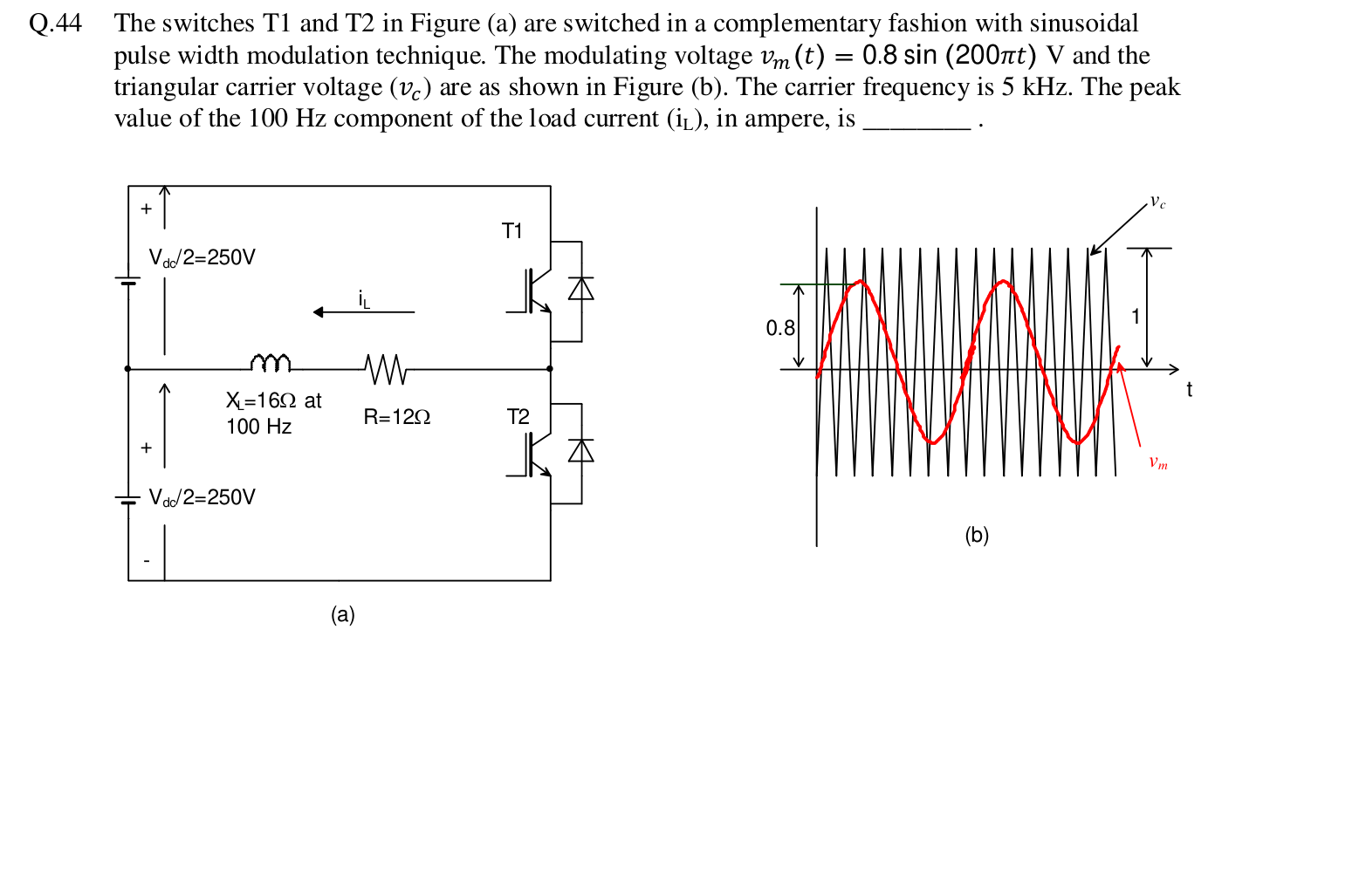(a) A half-bridge with two 250 V DC sources in series ($V_{dc}/2 = 250$ V each) and switches T1 and T2. The load is a $12\ \Omega$ resistor in series with an inductor of reactance $16\ \Omega$ at 100 Hz, connected to the midpoint. (b) A sinusoidal modulating signal of peak 0.8 against a triangular carrier of peak 1.