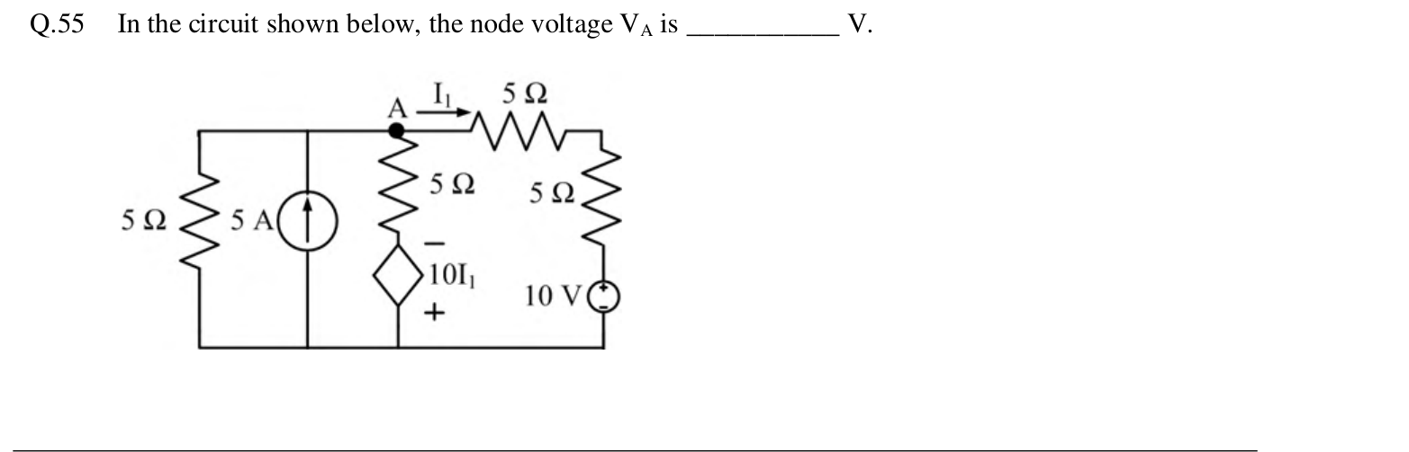 Node A has a 5 Ω resistor to ground, a 5 A current source into the node from ground, and a middle branch with a 5 Ω resistor in series with a dependent voltage source of $10 I_1$ (its + terminal at the ground side). A 5 Ω resistor carrying current $I_1$ leaves node A and goes through another 5 Ω resistor to a 10 V source, whose + terminal is at the top.