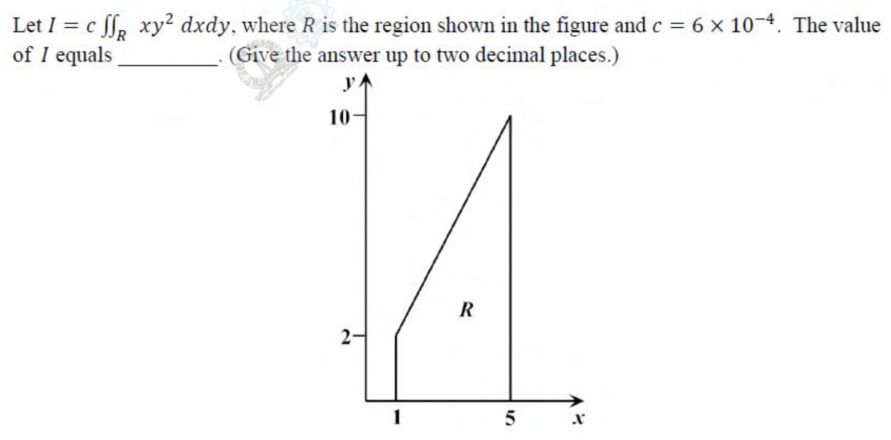 The region $R$ is bounded by the $x$-axis below, the vertical lines $x = 1$ and $x = 5$ on the sides, and a straight line on top that runs from $(1, 2)$ to $(5, 10)$.