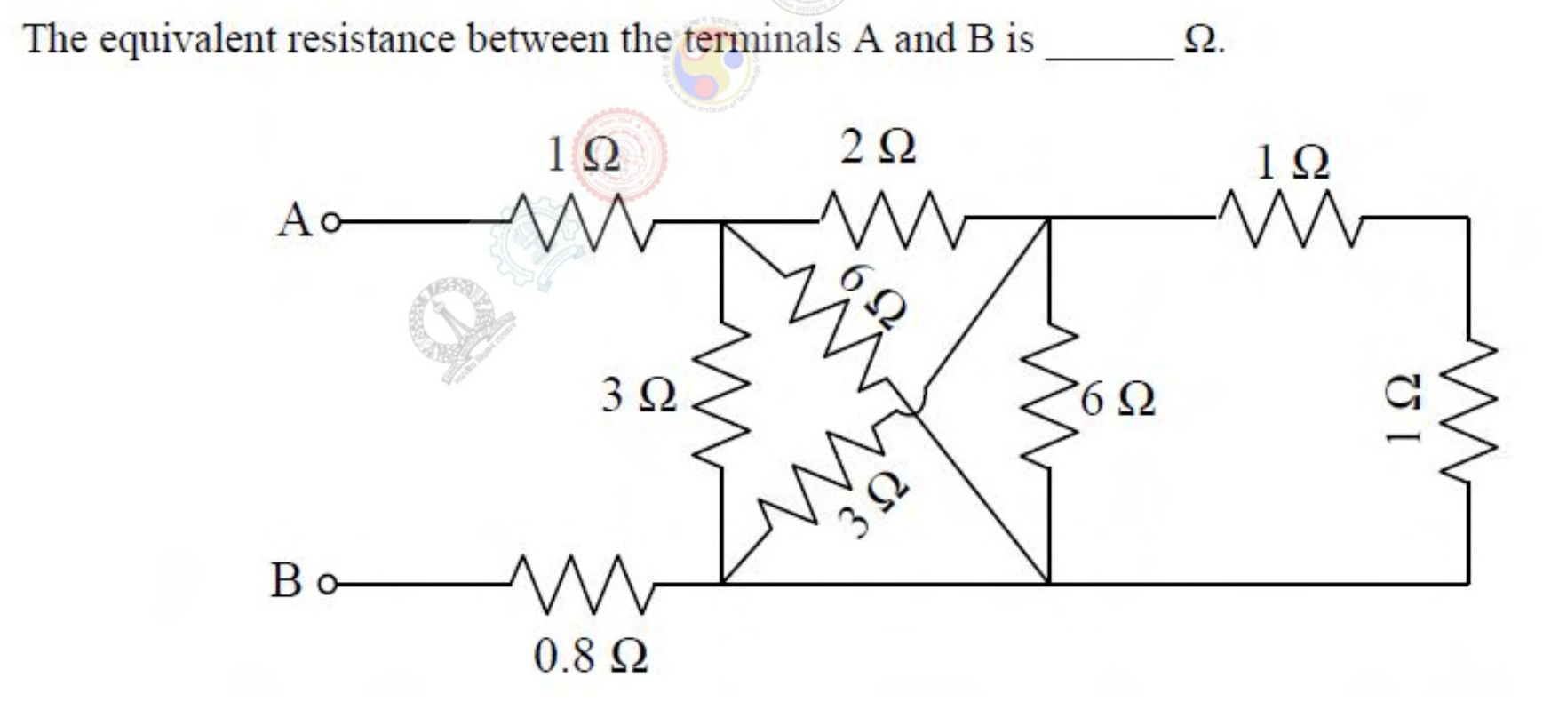 A resistor network between terminals A and B. A $1\ \Omega$ resistor is in series with A and a $0.8\ \Omega$ resistor is in series with B. In between there are a $2\ \Omega$ resistor along the top, a $3\ \Omega$ resistor at the left, a $6\ \Omega$ resistor and a $3\ \Omega$ resistor in a diagonal arrangement, a $6\ \Omega$ resistor at the right, and a $1\ \Omega$ resistor with another $1\ \Omega$ resistor in a loop on the far right.