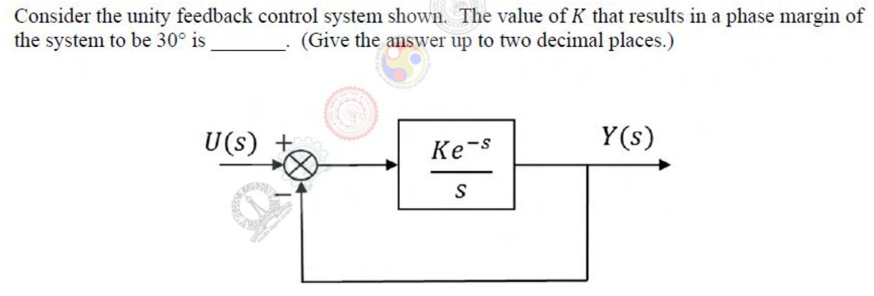 A unity feedback loop with the forward path transfer function $\dfrac{Ke^{-s}}{s}$.