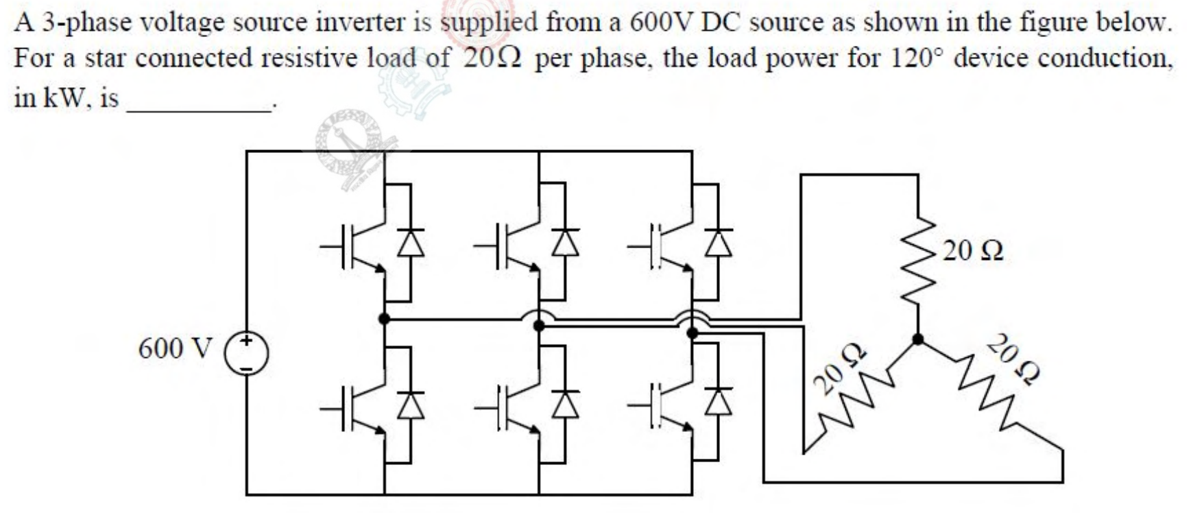 A three-leg bridge of IGBTs with anti-parallel diodes, fed from a 600 V DC source. The load is three $20\ \Omega$ resistors connected in star.